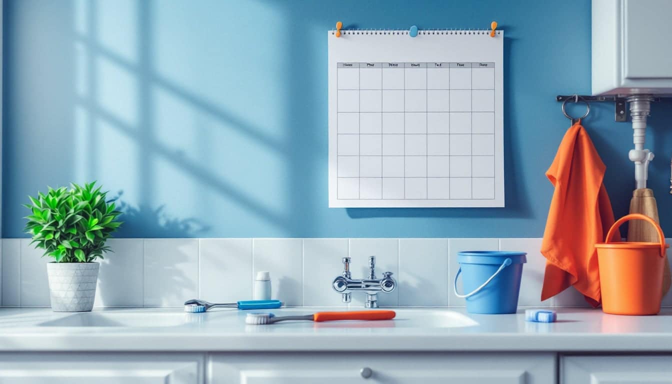 A wall calendar pinned above a utility sink with a torch, adjustable spanner and old toothbrush on the worktop
