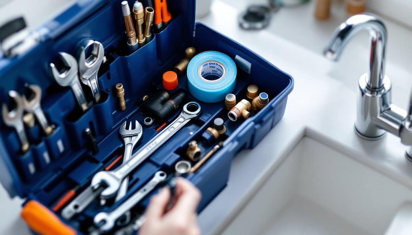 An open plumber's toolbox with spanners and pipe fittings beside a clipboard on a kitchen worktop next to a chrome tap